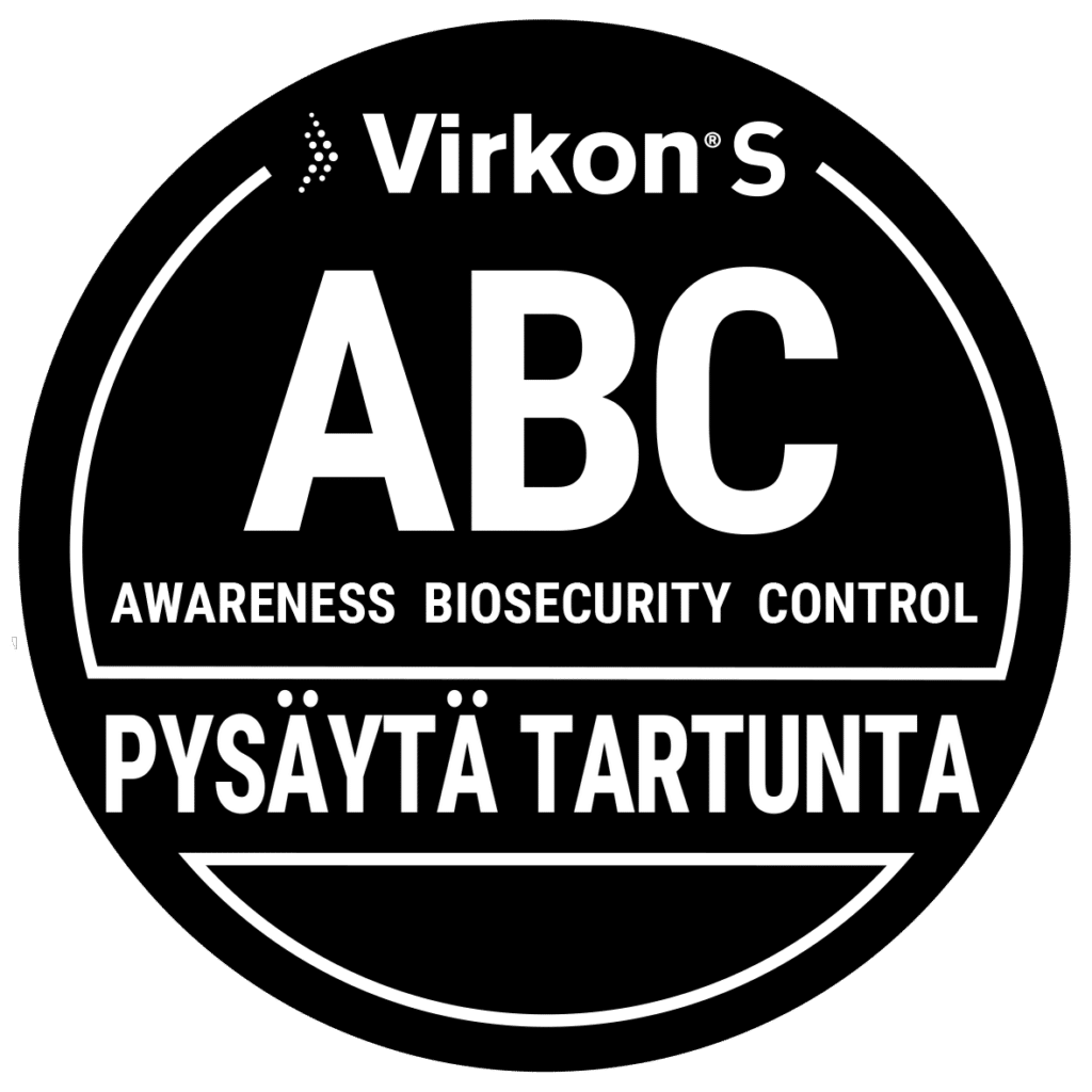 Virkon S ABC -merkki: Awareness, Biosecurity, Control. Pysäytä tartunta.