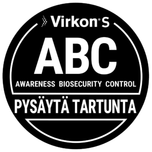 Virkon S ABC -merkki: Awareness, Biosecurity, Control. Pysäytä tartunta.